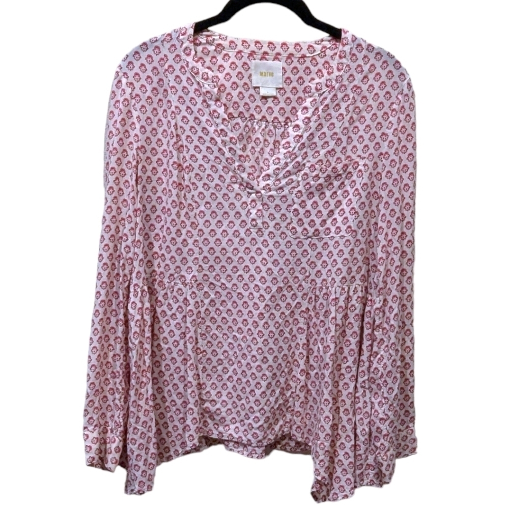 Anthropologie Maeve Laiken Henley Pink/Red Print on Cream Popover Shirt (6)